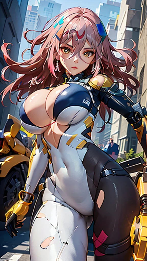 (best qualityer, work of art, colorfully, dynamic angle, highest detailded) (cangfeng), (offcial art, extreme detailded, highest detailded), (cangfeng), realisitic, long hair girl fashion photography, (details Intricate, hyperdetailded:1.55), dressing high detailded bodysuit (high resolution textures), (bright sunny_giorno), perfect lighting, plein-air, hair between the eyes, (Breasts huge:1.5), muslos grandes, skintight, (asymmetrical pants), mitts, in dynamic pose, bokeh, detailded, detailded background, mechanical right arm, torn pants, below the chest, perfect hand, hdr+, fully body, badass,