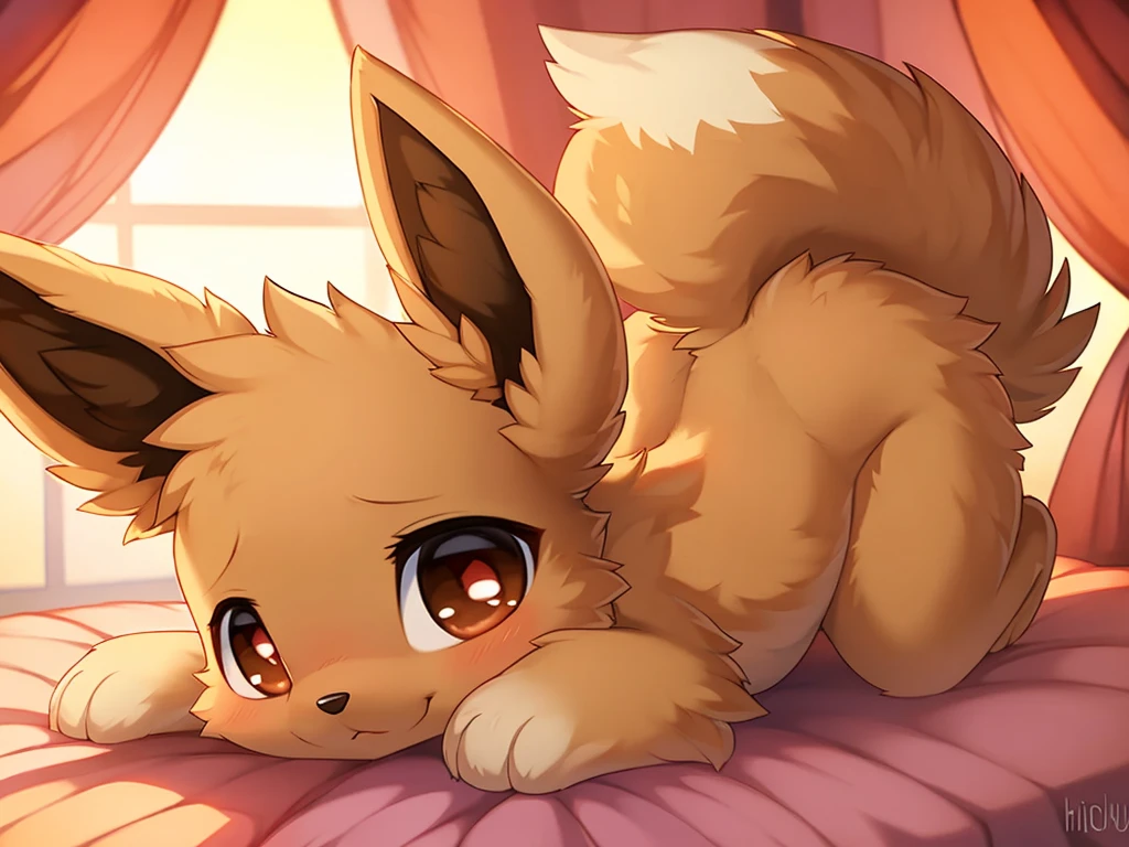 (Feral:1.6), female, cute, eevee, chibi, laying on a bed, seductive expression, detailed facial features, high quality, 8k, photorealistic, (By hioshiru:1.2), beautiful detailed eyes, extremely detailed face, finely detailed fur, presenting rear, canine pussy, in heat, solo, masterpiece, award winning, (petite:1.4), (petite hips:1.4), on front, ass up, rear view