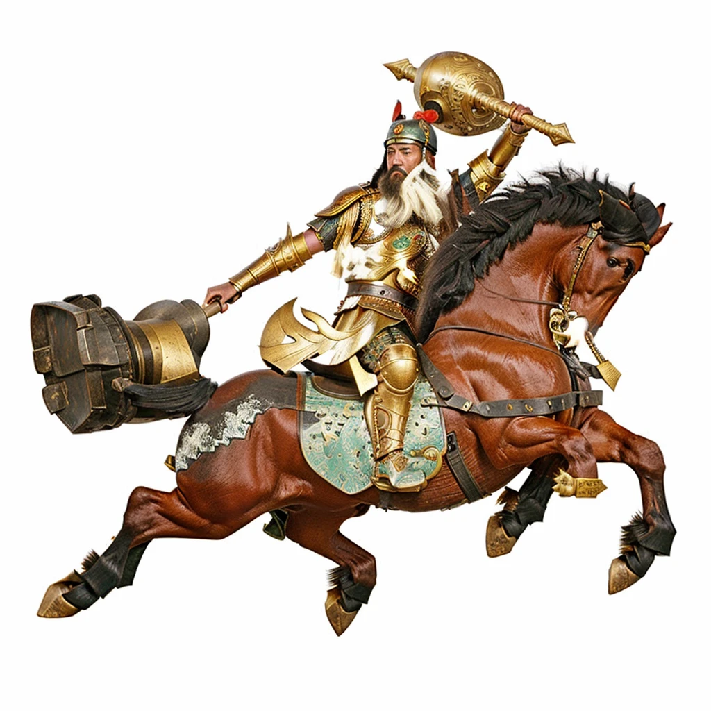 there is a chinese warrior with armour riding a horse with a bell on his head, guan yu, chinese warrior,  heavy cavalry, carry icon round hammer, 