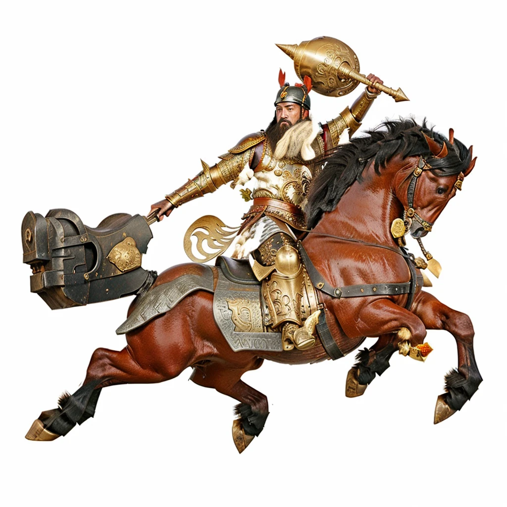 there is a chinese warrior with armour riding a horse with a bell on his head, guan yu, chinese warrior,  heavy cavalry, carry icon round hammer, 