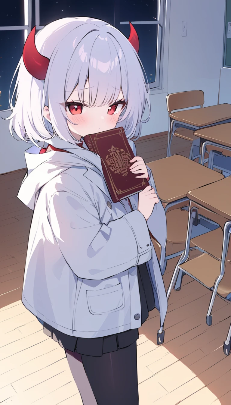  girl, devil girl, little red horns, white hair, short fluffy hair, big red eyes, pale skin, blushing cheeks, red cheeks, white and black coat, black pants, with a book near her face, in a classroom of classes, at night