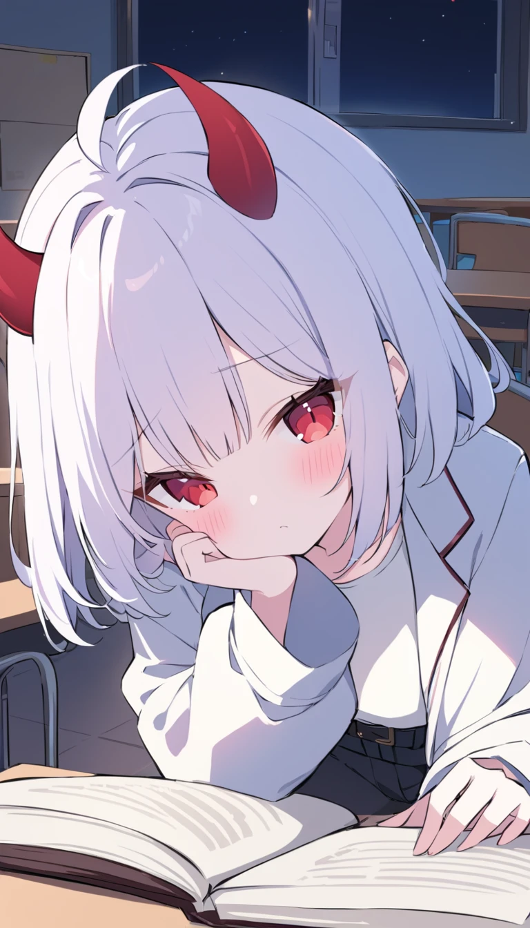 Teenage girl, devil girl, little red horns, white hair, short fluffy hair, big red eyes, pale skin, blushing cheeks, red cheeks, white and black coat, black pants, with a book near her face, in a classroom of classes, at night