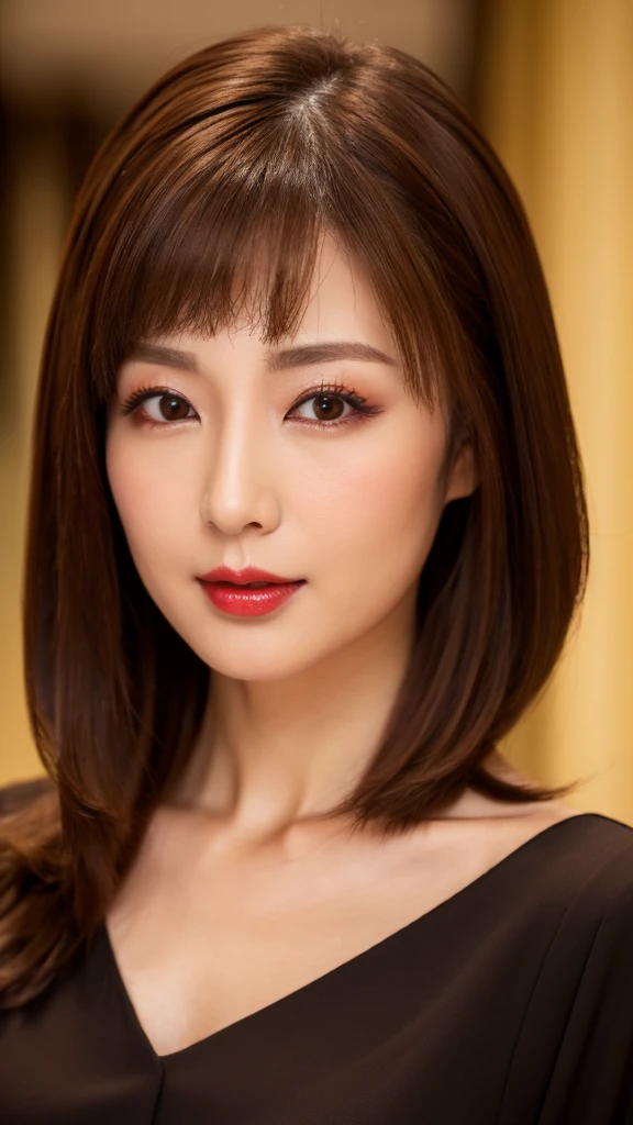 Fashion Model, Beautiful Japanese women, eye make up, Red lipstick, Perfect Makeup, Brown Hair, Close-up of face, elegant hair, Cleavage, (from the front), (Looking at the camera), highest quality, 8K resolution, masterpiece, Professional photography, 30 year old beauty, Elegant and stylish black top