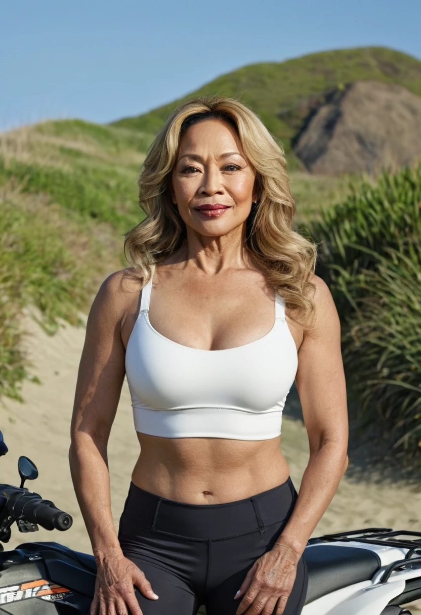 1girl, photorealistic photo of Gloria Diaz, realistic, photo of a Irish woman, middle age, grayish green eyes, medium wavy blonde hair, a 30-year-old woman, body of 40-year-old woman, (((wrinkles on her face and body))), (((half body shot))), (((medium size breast))), (((she is seductively standing proudly before her ATV motorcycle at the Lower Great Highway Trail in San Francisco. The scene is set against a backdrop of sandy dunes, coastal vegetation, and the distant view of the Pacific Ocean. The atmosphere is serene, with the sound of waves crashing nearby and the salty breeze blowing through. She stands next to her ATV motorcycle, which is rugged and ready for adventure, equipped with knobby tires and sturdy suspension suitable for off-road terrain. The sun casts a warm glow over the scene, highlighting the contrast between the natural landscape and the urban backdrop of San Francisco. Dressed in protective gear such as a helmet, gloves, and riding apparel, she exudes a sense of confidence and readiness for exploration. Her posture suggests excitement and anticipation, perhaps planning her next route along the trail or simply taking a moment to appreciate the beauty of her surroundings. ))), she is looking at the camera smiling, (((she is wearing a color white sports bra and tight leggings))), (((dynamic pose)))