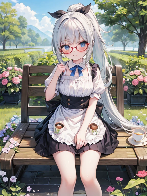 (8K, Highest quality, tableトップ:1.2)、Ultra-high resolution、14-year-old girl, Perfect Fingers, Detailed face, smile, blue eyes, Glasses, Silver Hair, ponytail, Red Apron Dress, garden, flower bed, table, tableクロス, Black tea, Tea cup, cake, Sit on a chair, Black teaを飲む