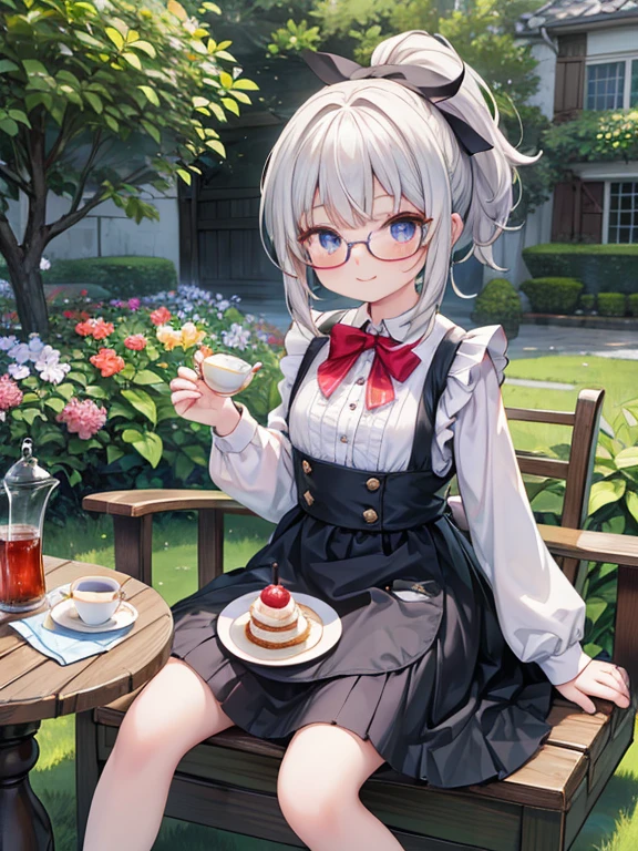 (8K, Highest quality, tableトップ:1.2)、Ultra-high resolution、14-year-old girl, Perfect Fingers, Detailed face, smile, blue eyes, Glasses, Silver Hair, ponytail, Red Apron Dress, garden, flower bed, table, tableクロス, Black tea, Tea cup, cake, Sit on a chair, Black teaを飲む