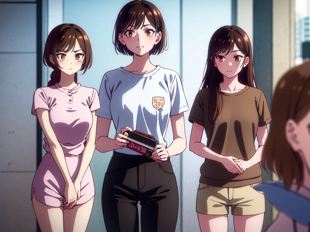 mizuharachizuru, chizuru ichinose, long hair, bangs, brown hair, (brown eyes:1.5), one side up, smile, (clonealike:2), 5+girls, multiple identical girls, large breasts, 
BREAK skirt, shirt, short sleeves, puffy sleeves, puffy short sleeves, white skirt, pink shirt, white short socks, brown shorts shoes, 
BREAK indoors, boutique outlet shop, crowd, girls,
BREAK reviewing bikini swimsuit clothes sales at the rack, (cowboy shot:1.5),
BREAK (masterpiece:1.2), best quality, high resolution, unity 8k wallpaper, (illustration:0.8), (beautiful detailed eyes:1.6), extremely detailed face, perfect lighting, extremely detailed CG, (perfect hands, perfect anatomy), seductive appearance and posture, full body 