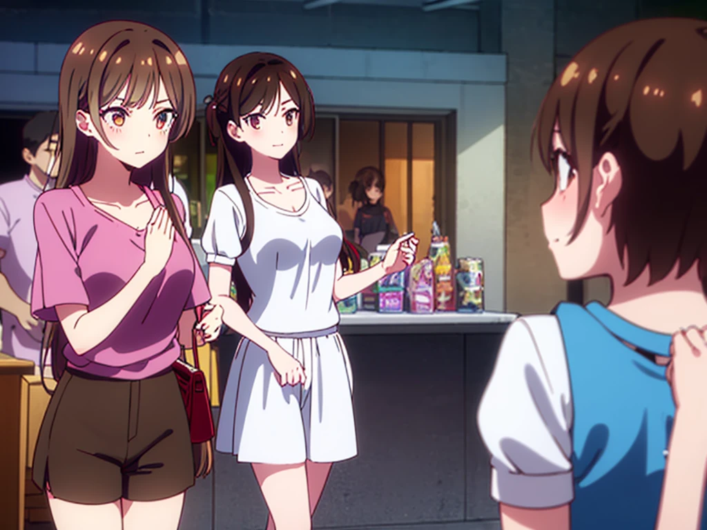 mizuharachizuru, chizuru ichinose, long hair, bangs, brown hair, (brown eyes:1.5), one side up, smile, (clonealike:2), 5+girls, multiple identical girls, large breasts, 
BREAK skirt, shirt, short sleeves, puffy sleeves, puffy short sleeves, white skirt, pink shirt, white short socks, brown shorts shoes, 
BREAK indoors, boutique outlet shop, crowd, girls,
BREAK reviewing bikini swimsuit clothes sales at the rack, (cowboy shot:1.5),
BREAK (masterpiece:1.2), best quality, high resolution, unity 8k wallpaper, (illustration:0.8), (beautiful detailed eyes:1.6), extremely detailed face, perfect lighting, extremely detailed CG, (perfect hands, perfect anatomy), seductive appearance and posture, full body 