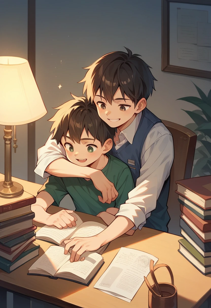 A young boy with short hair sits at a desk studying, with books and a lamp in front of him. Her boyfriend is sitting on her lap, hugging him affectionately as they smile. The room has a warm and welcoming atmosphere.