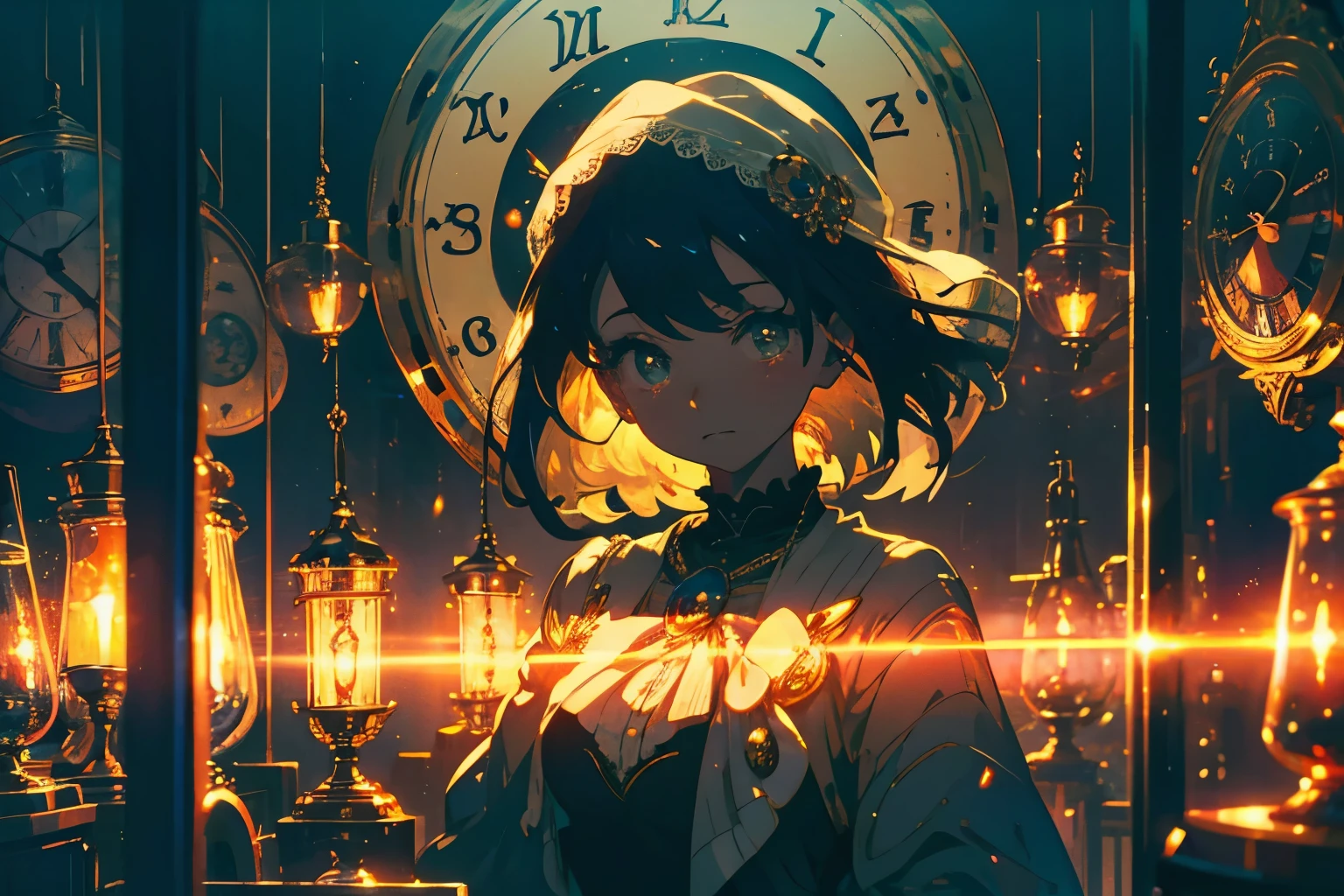 Create exquisite illustrations reminiscent of Makoto Shinkai's style, It has ultra-fine details and top-notch quality. Create a high-quality illustration depicting a beautiful girl in a nostalgic clock shop filled with various types of clocks. The scene should evoke a sense of nostalgia and enchantment, with intricate details and a dreamy atmosphere. The girl's features should be beautifully rendered, capturing her serene and contemplative expression. The clock shop should include elements such as vintage wall clocks, ornate grandfather clocks, and delicate pocket watches, all meticulously detailed to enhance the nostalgic feel. The warm lighting should cast a gentle glow over the scene, creating a magical and timeless ambiance. Every element should be meticulously crafted to immerse the viewer in a nostalgic and enchanting moment. best quality, masterpiece, expressive eyes, gorgeous, vivid, perfect face, smile, happyness, 2eyes, emotion, detailed pupils, vivid pupils,stunning, life, relfection, peace, warm, compsition, artistic, 4k, wallpaper, bonnet, wind, glowing eyes