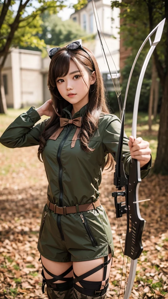 Girl dressed in a hunter outfit, with bow and arrow and a boy in a hunter suit with brown hair