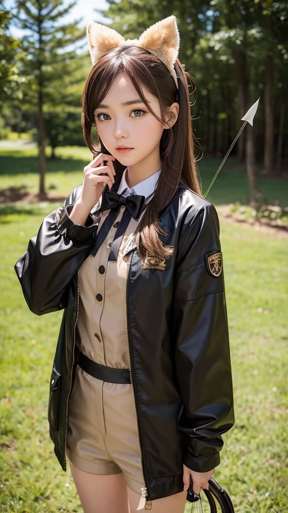 Girl dressed in a hunter outfit, with bow and arrow and a boy in a hunter suit with brown hair