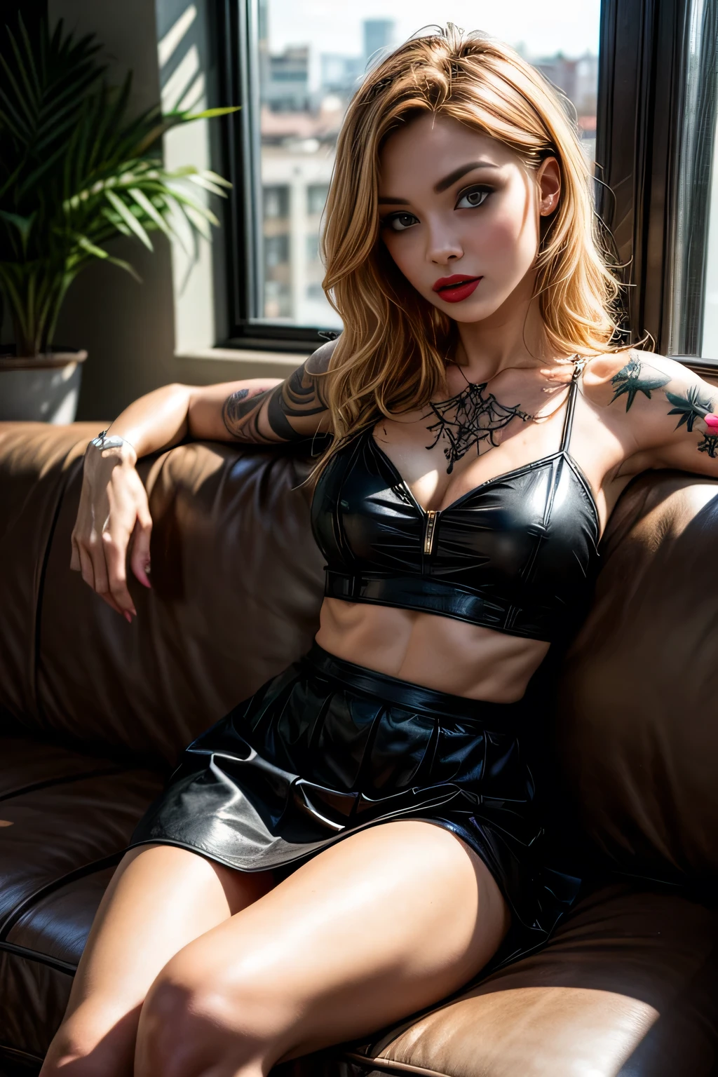 (masterpiece, photorealistic:1.4, extremely intricate:1.3, radiosity, photon mapping, dtx, 8K), intricate details, sharp focus, professional, real life, dynamic pose, BREAK (((Muscular European woman, ((body tattoos:0.4, (lounging, black skirt), blackout goth eyeshadow, red lipstick)), golden hour, ((long wavy [blonde hair:bright orange hair:0.6], [flat chest:medium breasts:0.8]), indoors, couch), pouting, freckles: 0.7)))