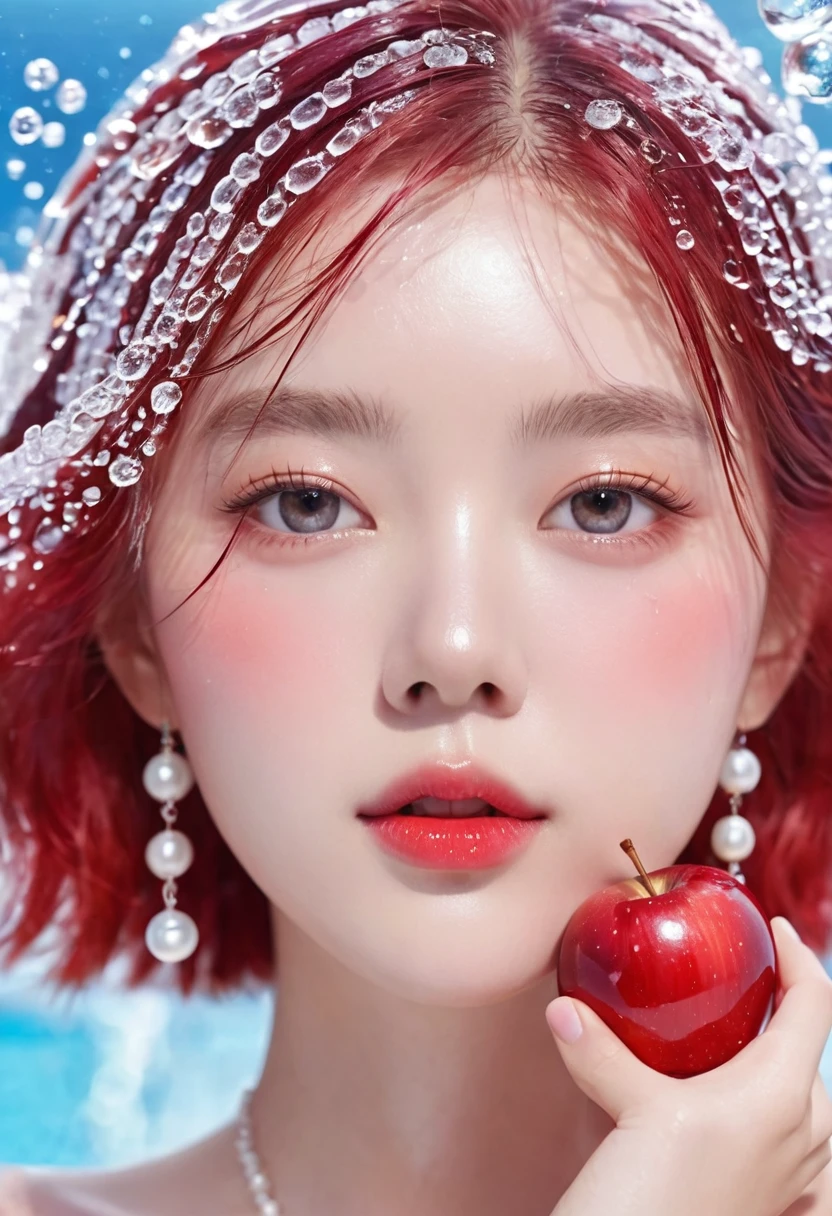 夏日Red Apple少女，Dopamine teenage， Cool summer days，Ice cubes，The watery girl，Delicate skin，Hydration，Shiny，Shiny，dream，Front view，bust，pearl，Red Apple