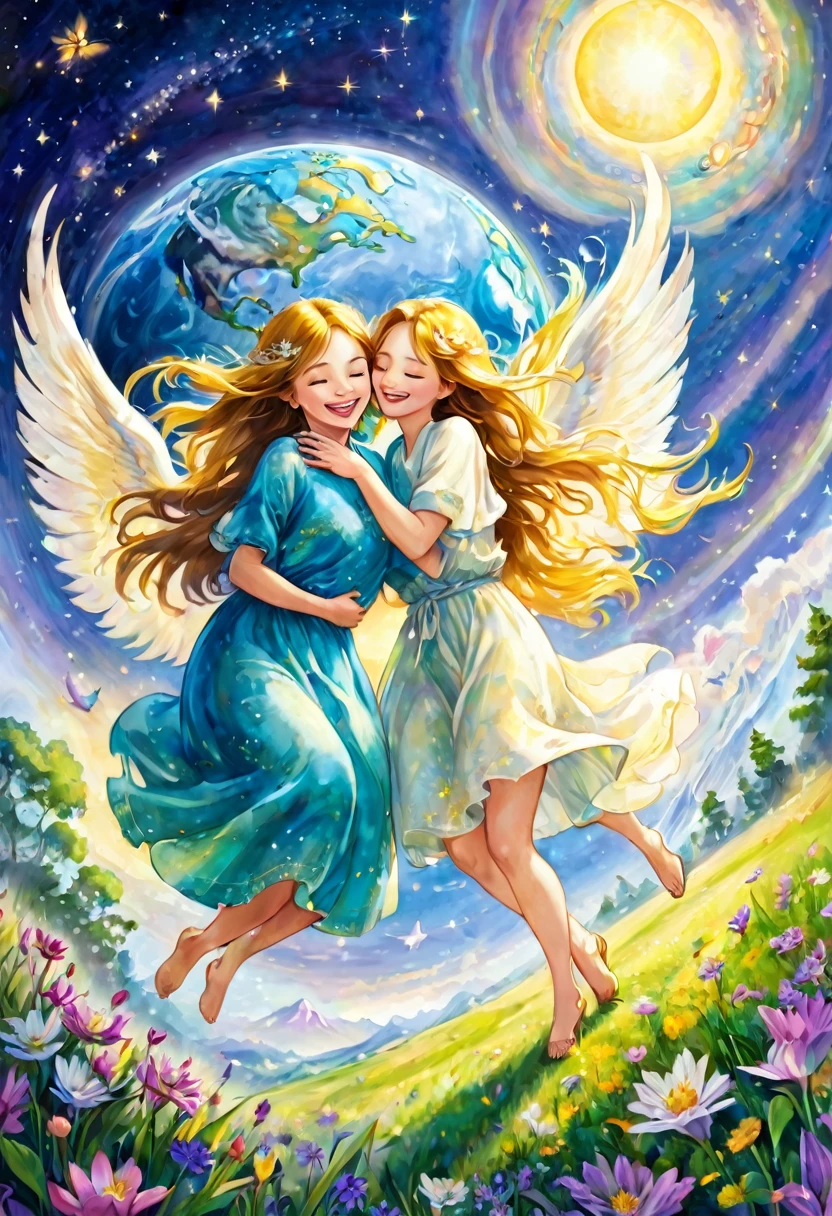 Angels hugging the earth and rejoicing, happiness, smiles, love