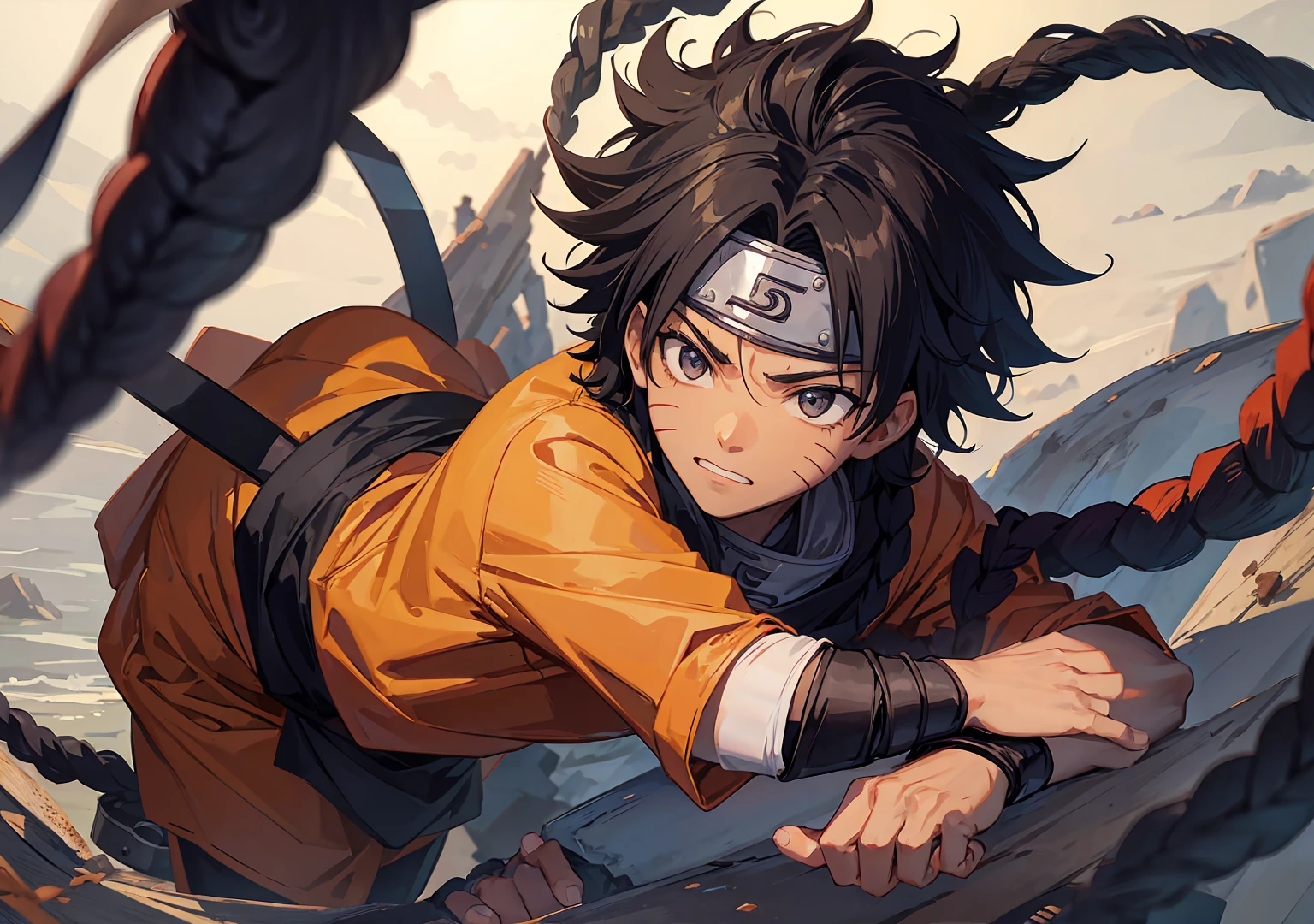 black boy with Naruto bandana, eyebrow scratch, curly hair, アニメ