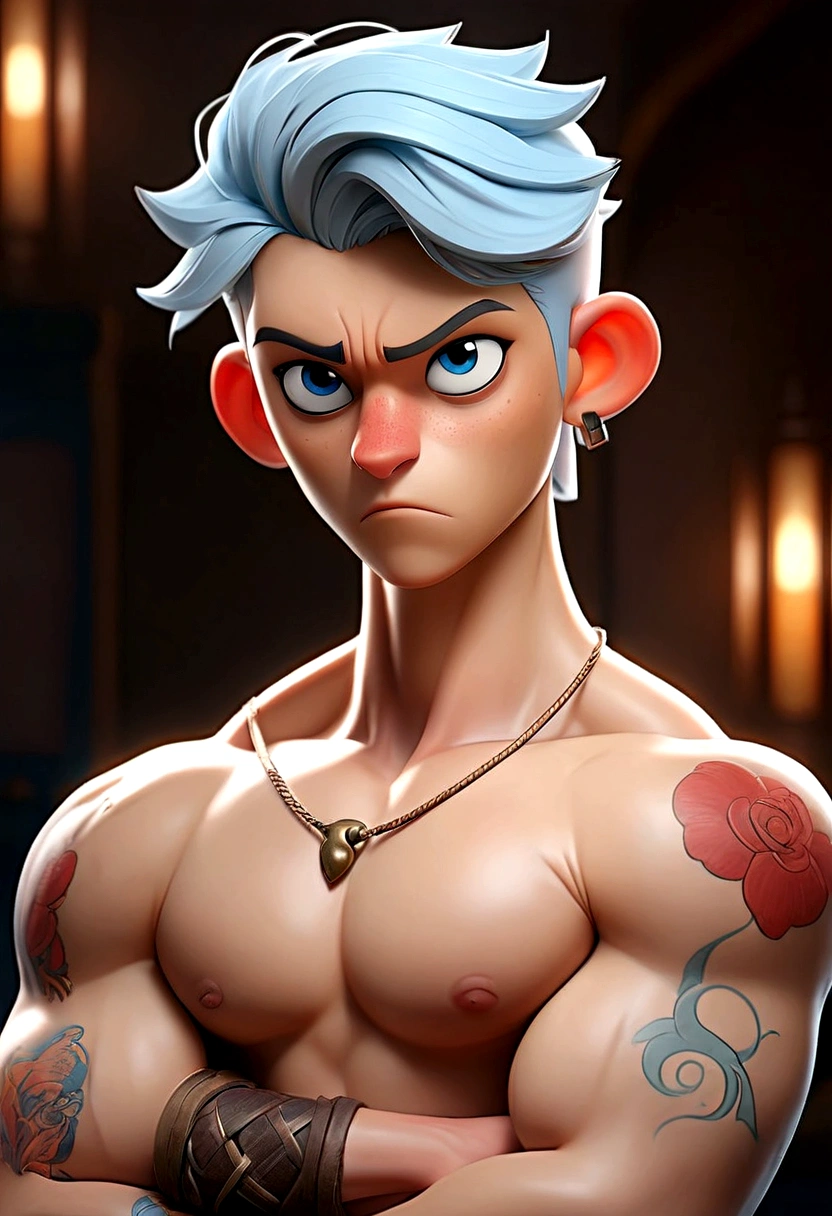 (((masterpiece))), (((Highest quality))), ((Super detailed)), (Highly detailed CG illustrations), ((Very delicate and beautiful)), Cinematic Light,((1 person)), alone, (Upper Body), (Character Focus), Absurd, High Contrast, Very detailed, colorful, Most detailed, sf, (Light blue hair), blue eyes, Six Pack Abs, Broad bear chest, topless, penis