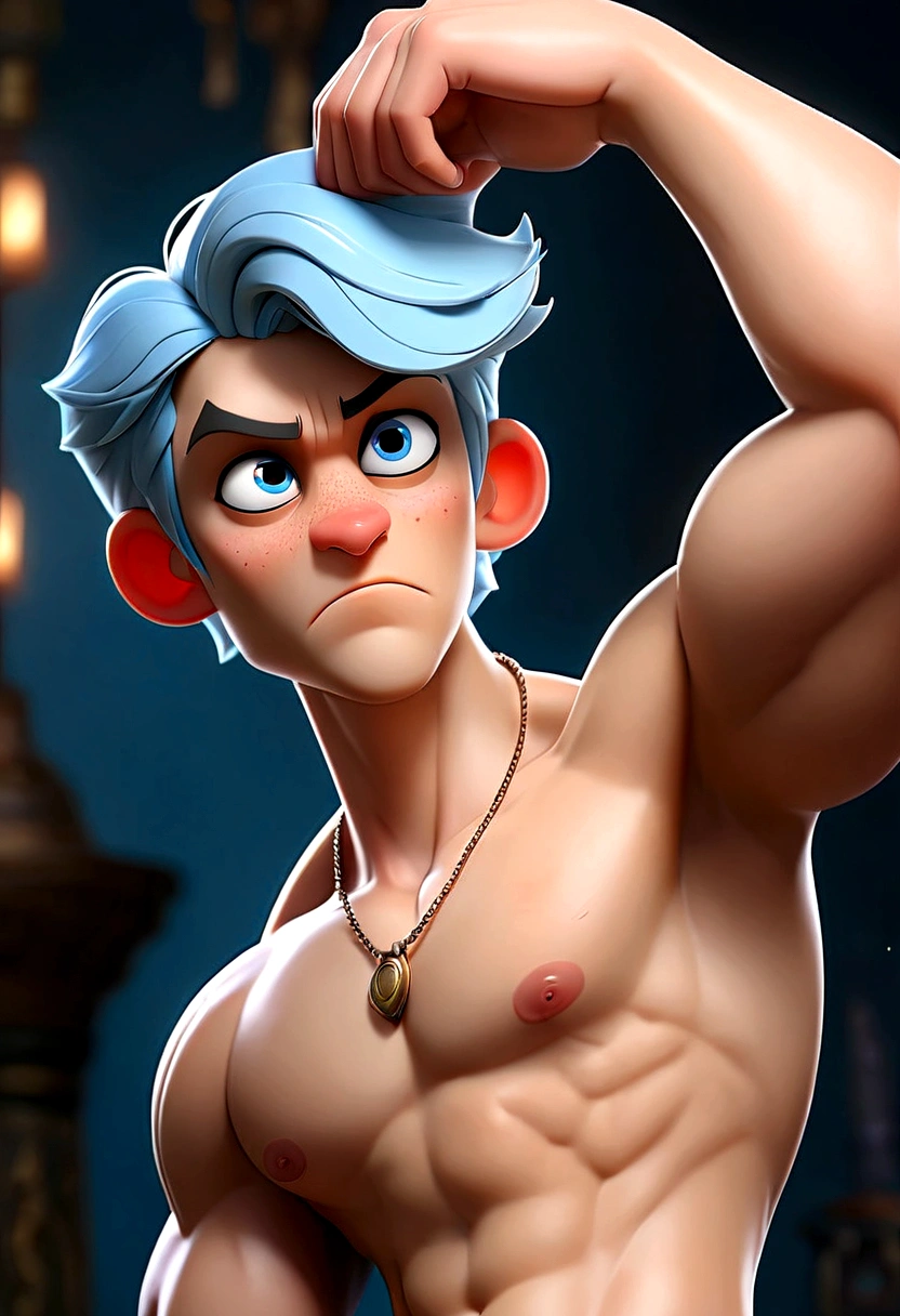(((masterpiece))), (((Highest quality))), ((Super detailed)), (Highly detailed CG illustrations), ((Very delicate and beautiful)), Cinematic Light,((1 person)), alone, (Upper Body), (Character Focus), Absurd, High Contrast, Very detailed, colorful, Most detailed, sf, (Light blue hair), blue eyes, Six Pack Abs, Broad bear chest, topless, penis