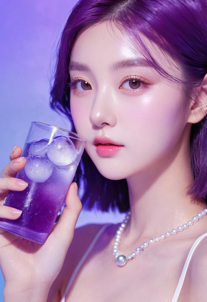 夏日Purple grapes少女，Dopamine teenage， Cool summer days，Ice cubes，The watery girl，Delicate skin，Hydration，Shiny，Shiny，dream，Front view，bust，pearl，Purple grapes