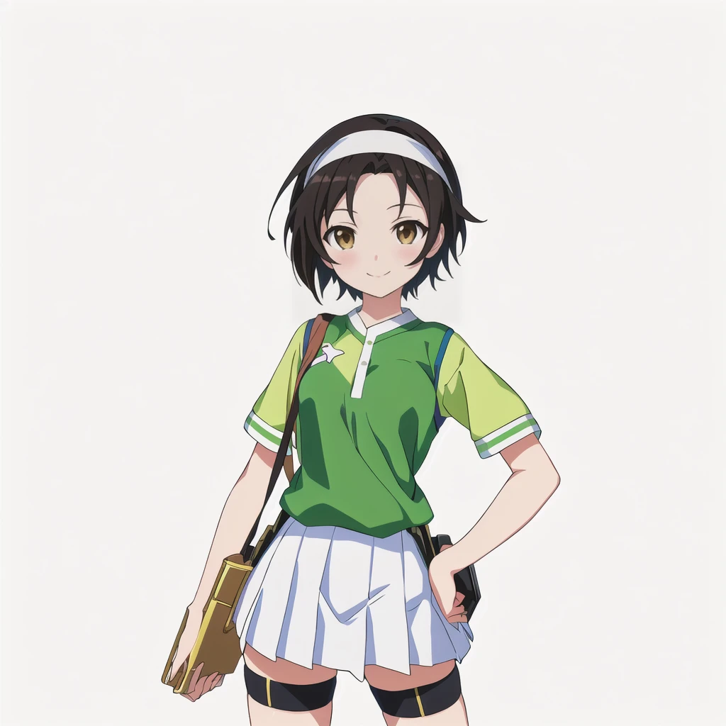 Highest quality, high resolution, High quality anime art style, Official Art, Smooth anime CG art, Stylized anime, Cute 3D anime girl render, Visual Novel Sprites, White background, whole body, Anime-style 3D, Smooth anime CG art, Humanoid Girl, JRPG Characters, Anime girl in green shirt and skirt, spats, holding the camera in his right hand, smile, Brown eyes, Black Hair, short hair, hair band, 13 years old