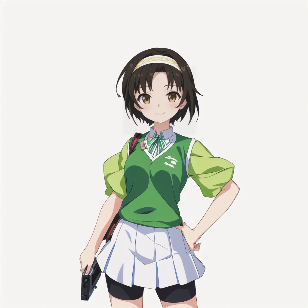Highest quality, high resolution, High quality anime art style, Official Art, Smooth anime CG art, Stylized anime, Cute 3D anime girl render, Visual Novel Sprites, White background, whole body, Anime-style 3D, Smooth anime CG art, Humanoid Girl, JRPG Characters, Anime girl in green shirt and skirt, spats, holding the camera in his right hand, smile, Brown eyes, Black Hair, short hair, hair band, 13 years old