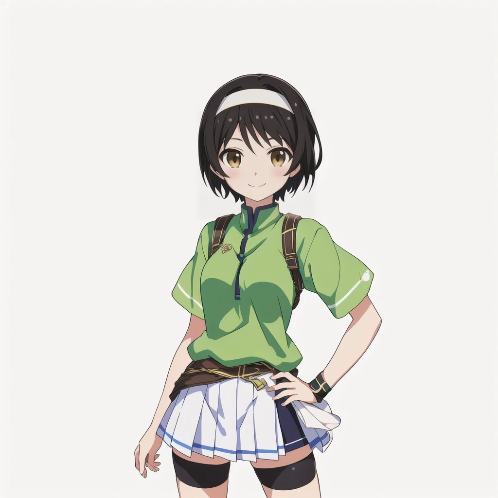 Highest quality, high resolution, High quality anime art style, Official Art, Smooth anime CG art, Stylized anime, Cute 3D anime girl render, Visual Novel Sprites, White background, whole body, Anime-style 3D, Smooth anime CG art, Humanoid Girl, JRPG Characters, Anime girl in green shirt and skirt, spats, holding the camera in his right hand, smile, Brown eyes, Black Hair, short hair, hair band,