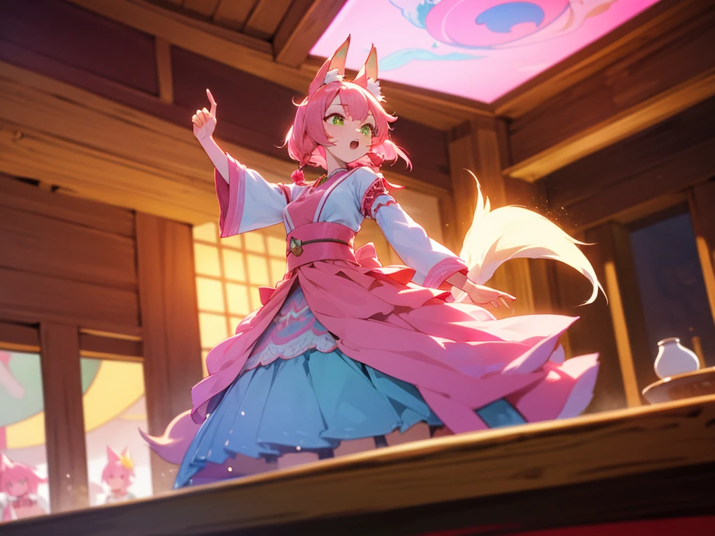 kitsune idol in a tavern, foxgirl, pink fox ears, pink fox tails, pink hair, green eyes, light blue idol dress, tavern background, high quality, masterpiece, singing