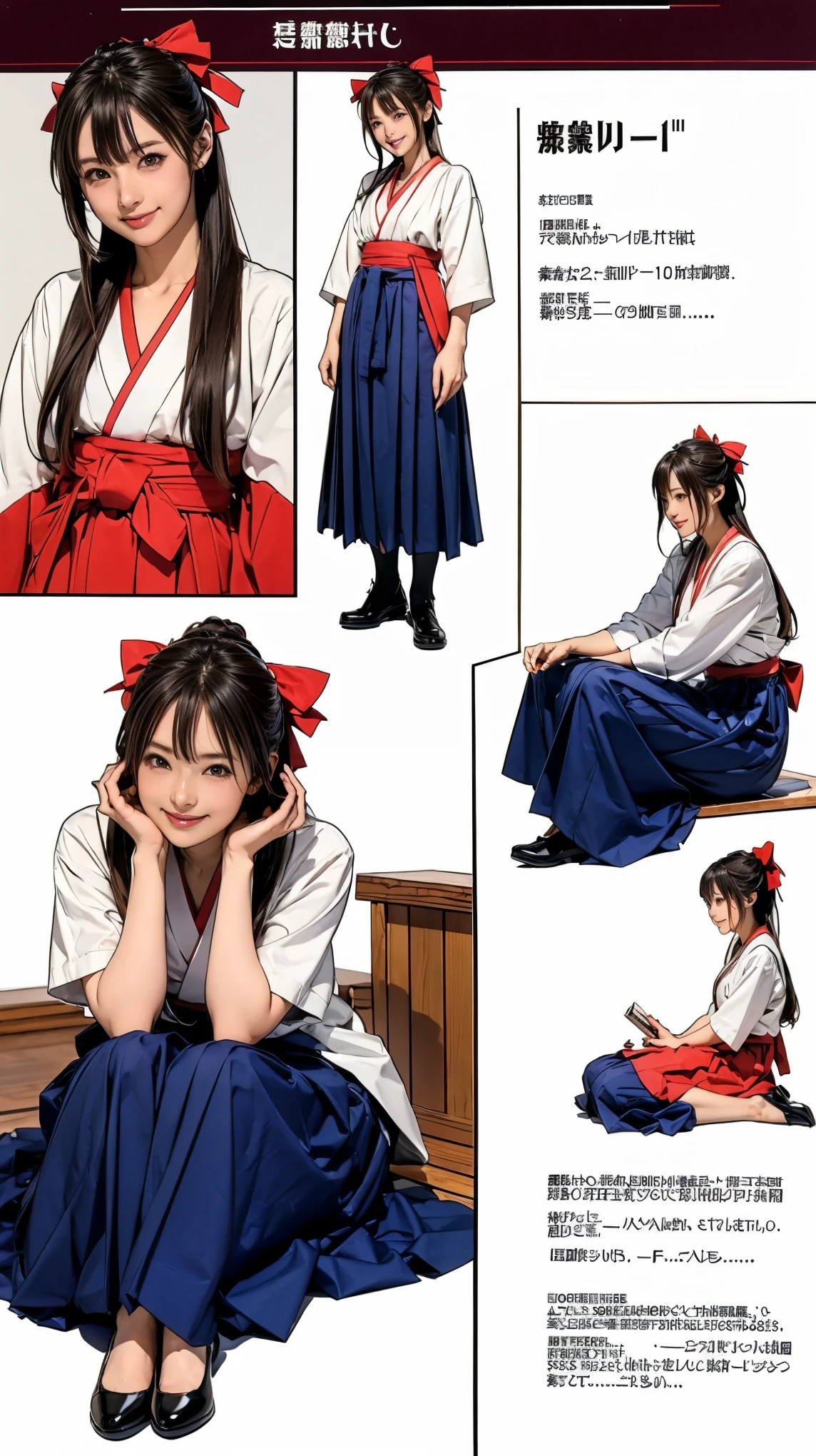 ((masterpiece)),(((Highest quality))),((Character design sheet)),Thin thighs,Long legs, One girl, Honoka, Shrine maiden, Hakama skirt, Sitting, shrine, smile 