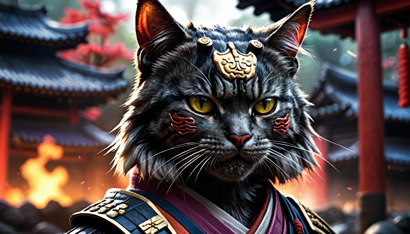 (closeup photo cinematic),a samurai cat, battlefield, 2D, colorful, dark atmosphere