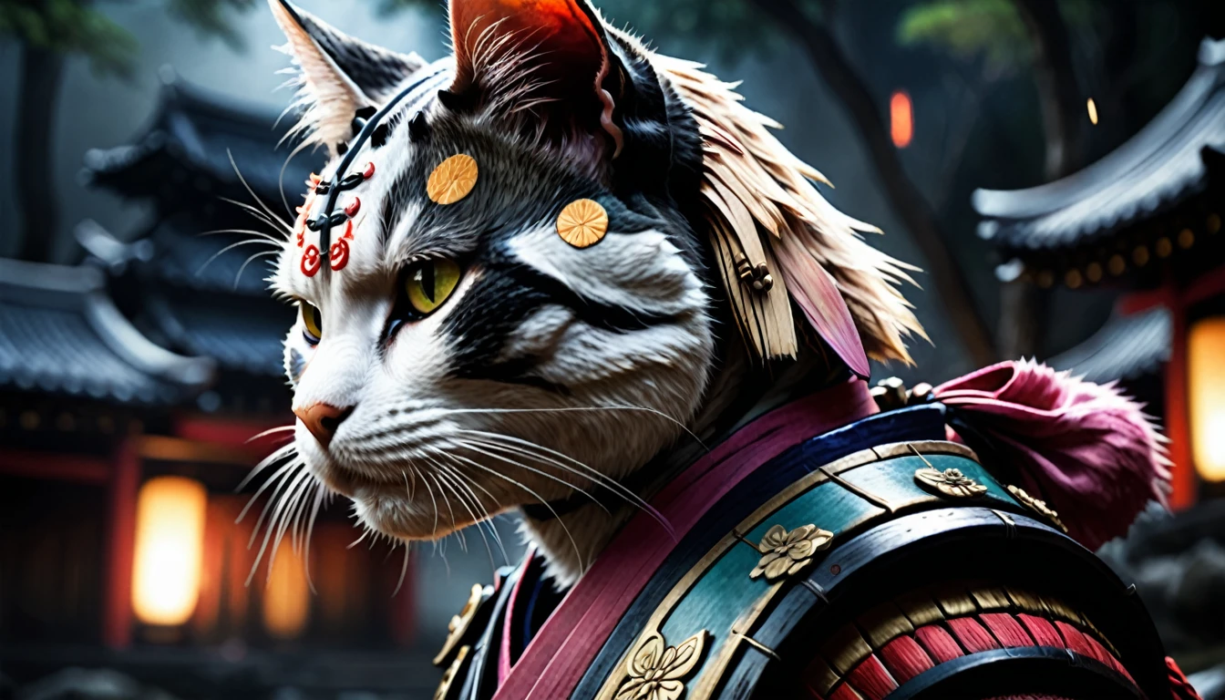 (closeup photo cinematic),a samurai cat, battlefield, 2D, colorful, dark atmosphere