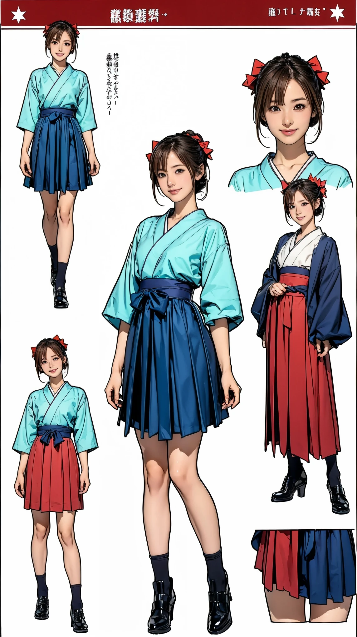 ((masterpiece)),(((Highest quality))),((Character design sheet)),Thin thighs,Long legs, One girl, Honoka, Shrine maiden, Hakama skirt, Sitting, shrine, smile 