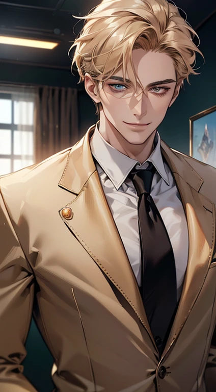 (1 Adult male),A high resolution, Sharp focus, Pixiv masterpiece, ((Complicated details)), highly detailed, natsuki_subaru, 1 man, with her mouth open,drools,full bodyesbian,sit astride,Crotch view, Golden eyes(eyes glowing), with short golden hair,white shirt,Wear a tie,Wear a belt,perspire,look from down