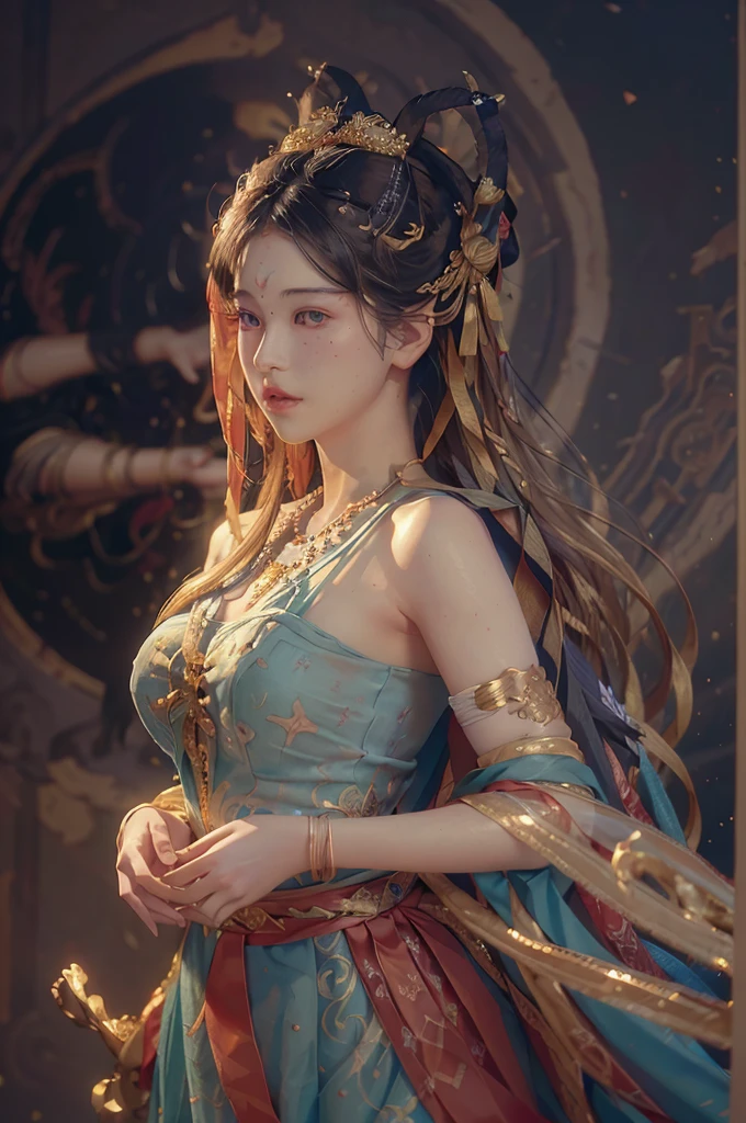 (RAW photo, best quality), (realistic, photo-realistic:1.3),best quality,highly detailed,masterpiece,ultra-detailed,illustration,1girl,upper_body,dynamic angle,world masterpiece theater,messy_long_hair,best quality,extremely detailed CG unity 8k wallpaper,ink,Amazing,cinematic lighting,lens_flare,,dunhuang_style