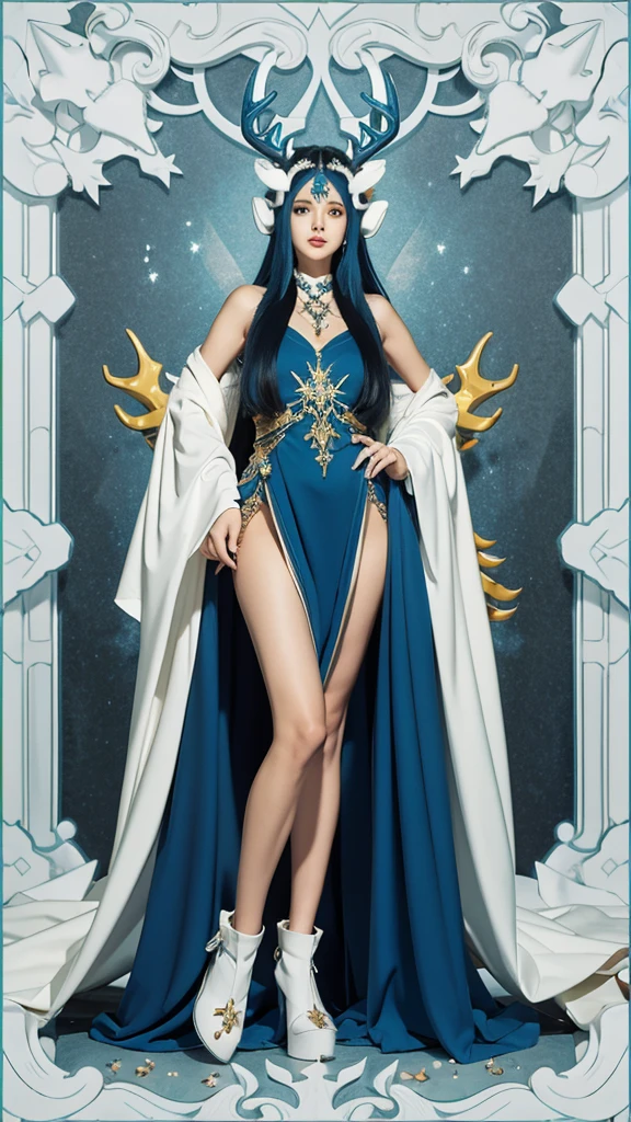 1 girl, solo, long hair, hip height, low tied long hair, deer antlers, simple background, helmet, extra long hair, blue hair, horns, dress, full body, jewelry, white hip height, 8k, best quality, masterpiece