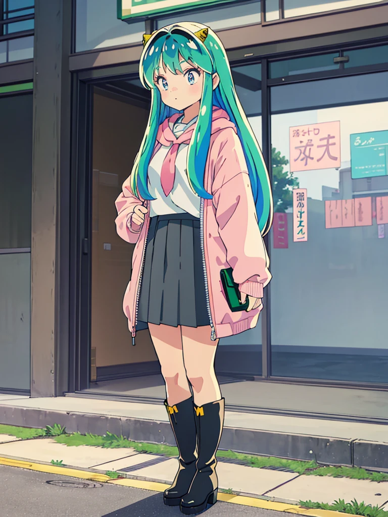 masterpiece, Highest quality, 1 Girl, Lum, happy, blush, Grey knit, Black Mini Skirt, Grey tights, boots,anime, From before, blush, Standing with hands clasped in front of the body, Embarrassed, Mature, 18-year-old, City of night, Gaze Here, High definition, Japan, Green Hair、From below、Focus on the feet