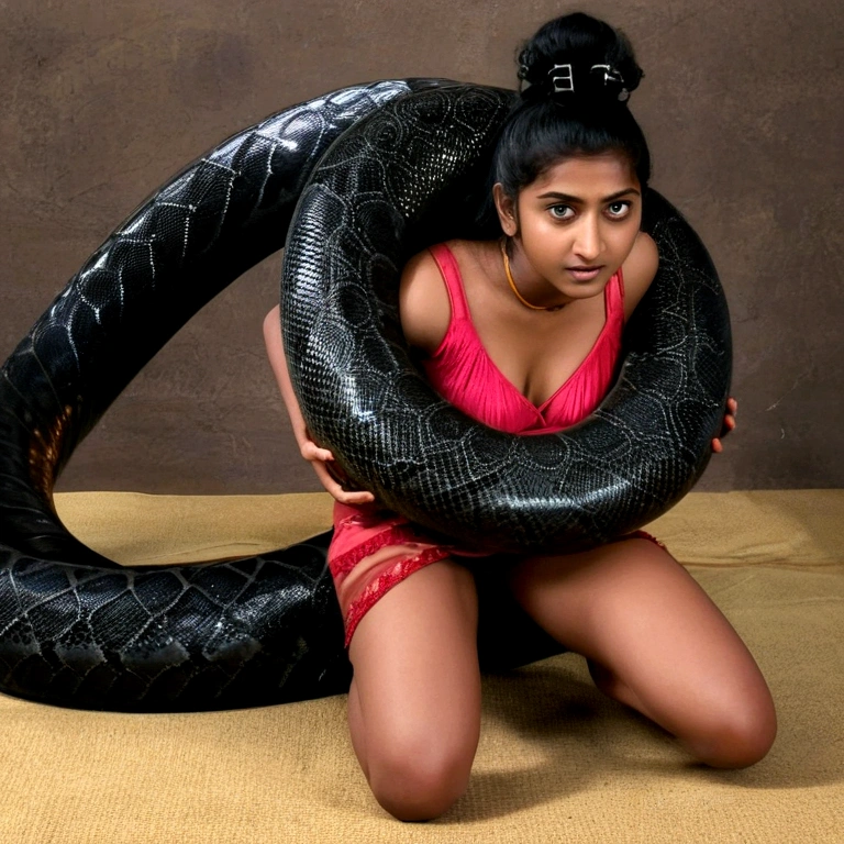  Happy Horny, aroused 1girl), beautiful kneeling young teen Indian pornstar  with  giant colossal black titanboa  squeezing her hard, wrapped in thick spiraling coils, constricted, struggle, gasping for air, snake attack, snake peril, moonless night, dim light