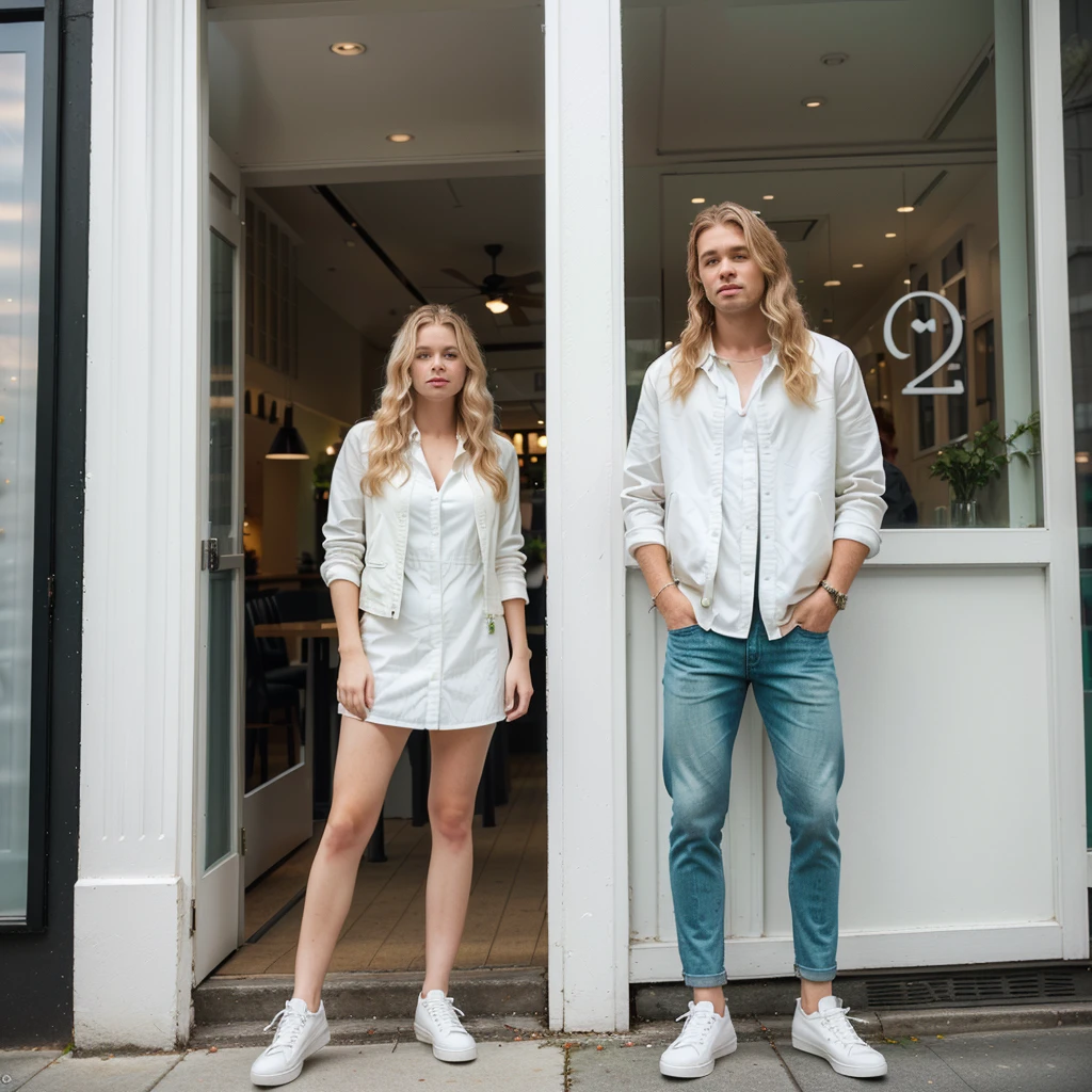 A highly realistic photograph of a white woman with wavy blonde hair and green eyes, wearing a long white dress. Next to her is a white man wearing black jeans, a white shirt, a black jacket and white shoes. They are standing in front of a restaurant with glass decoration,
cinematography, 4k