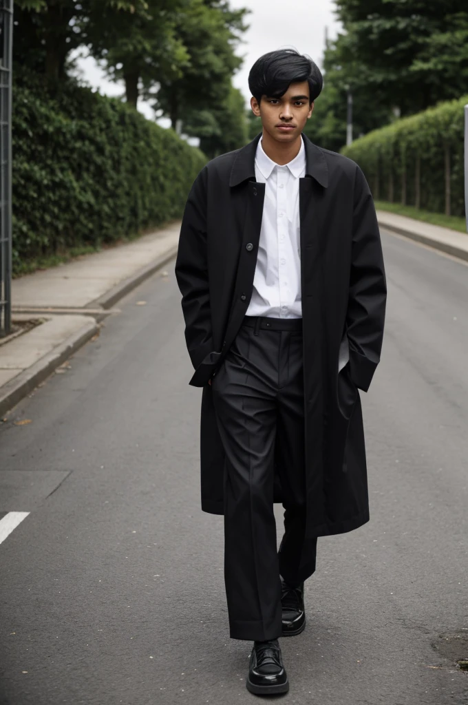 Sad, tall, medium-dark teenager dressed in Comme des Garcons thinking about a beautiful white teenager with black hair and black eyes. 