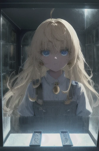 1girl, Blonde hair, blue eyes, (Cowboys_shot:1.2), Focus on the face, long hair, Side locks, Holy,(aghast:1.1) expression, Teddy bear necklace, Atmospheric lighting,, Dark , In an old abandoned museum, Transparent glass display cases filled with interesting things, dusty, Post-apocalypse, Cobwebs, amazing, Beautiful 8K wallpaper, Very detailed, complicated