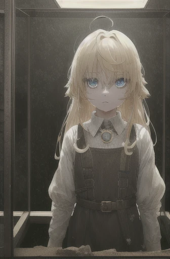 1girl, Blonde hair, blue eyes, (Cowboys_shot:1.2), Focus on the face, long hair, Side locks, Holy,(aghast:1.1) expression, Teddy bear necklace, Atmospheric lighting,, Dark , In an old abandoned museum, Transparent glass display cases filled with interesting things, dusty, Post-apocalypse, Cobwebs, amazing, Beautiful 8K wallpaper, Very detailed, complicated