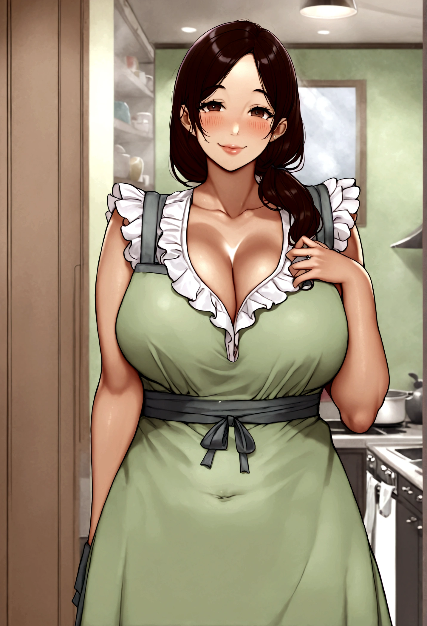 Beautiful house wife, Tan skin, wearing Apron, horny smile, has fatty upper pubic area.