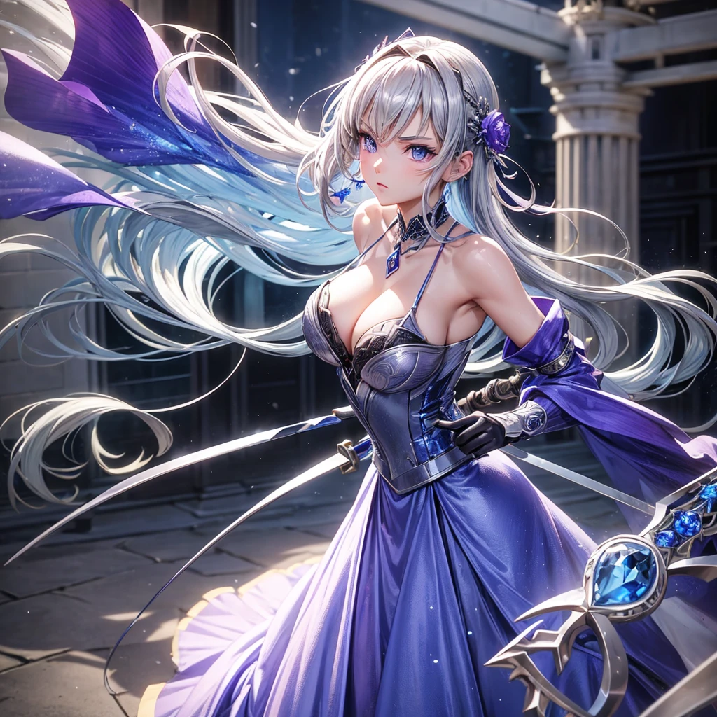 Create a 3D image in anime cartoon style of a beautiful geigha with blue-violet eyes with all her equipment surrounding the imperial palace in a fighting attitude. She carries a beautiful, perfectly detailed silver sword. Her dress is spectacular. She applies intense silver and violet microparticles in the most relevant details of the scene applies 300 dpi , HDMI and full definition 