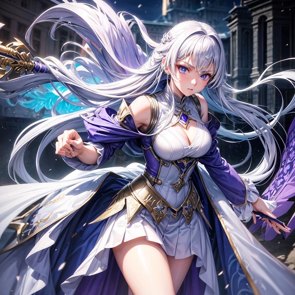 Create a 3D image in anime cartoon style of a beautiful geigha with blue-violet eyes with all her equipment surrounding the imperial palace in a fighting attitude. She carries a beautiful, perfectly detailed silver sword. Her dress is spectacular. She applies intense silver and violet microparticles in the most relevant details of the scene applies 300 dpi , HDMI and full definition
