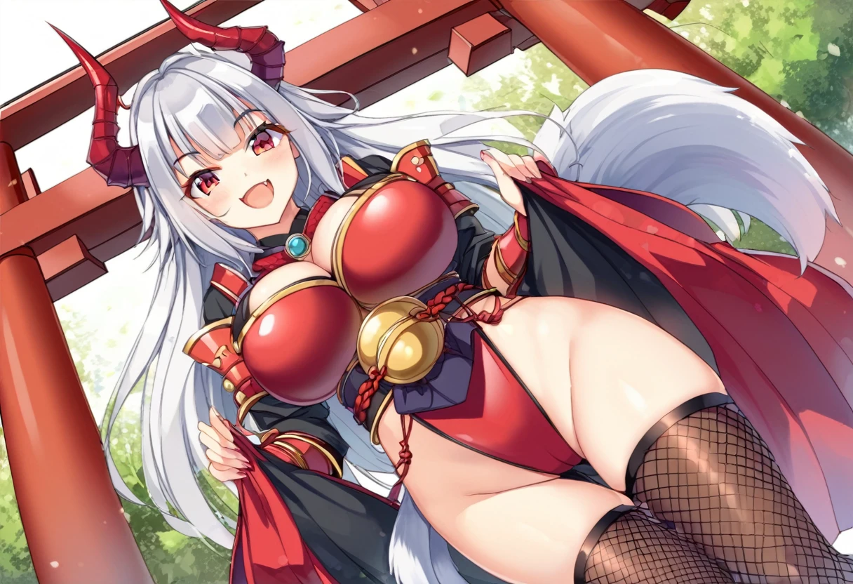 (holding a Japanese-style fan)、(red cat eyes)、Solo,Silver hair、(twin tail hair:1.5)、(ONI horns)、girl with horns、(SAMURAI),High Leg Armor、(((Japanese armor)))、(((Fishnet tights)))、cleavage、big breasts、 ferocious smile,open your mouth and laugh、fang、Japanese shrines、torii、sunset time