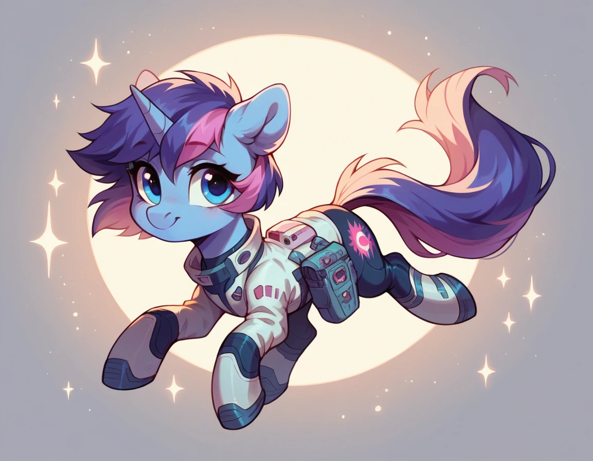 A beautiful cute pony from My Little Pony unicorn with dark blue fur, blue eyes, purple mane, pink stripes in the mane, dressed in a futuristic blue-and-white space suit, in full growth,