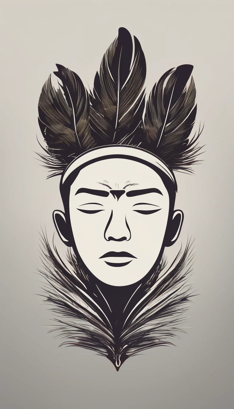 A minimal, modern, simple, cinematic logo design e of a boy with a head full of feathers for the brand “Penamemoria" .