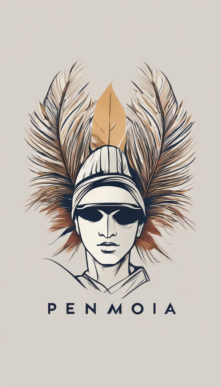 A minimal, modern, simple, cinematic logo design e of a boy with a head full of feathers for the brand “Penamemoria" .