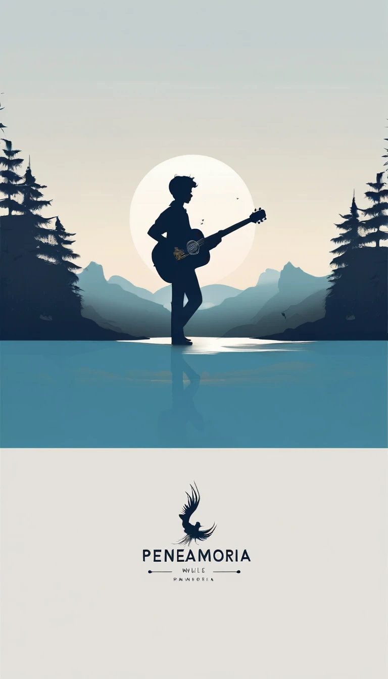 A minimal, modern, simple, cinematic logo design for the brand “Penamemoria". The logo design must be a simple, silhouette of a boy, standing up, playing acoustic guitar and fantasy feather by his side. The logo must convey a sense of music, stories, memories and dreams. Logo design impressed on a book cover. Minimalistic logo. Light blue, white and soft golden as colors for the logo design