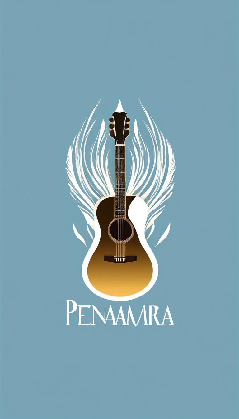 A minimal, modern, simple, cinematic logo design for the brand “Penamemoria". The logo design must be a simple, silhouette of a boy, standing up, playing acoustic guitar and fantasy feather by his side. The logo must convey a sense of music, stories, memories and dreams. Logo design impressed on a book cover. Minimalistic logo. Light blue, white and soft golden as colors for the logo design