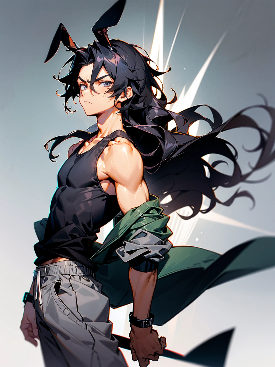 1male, dark skin, black hair, wavy middle parted hair, rabbit ears, lean build, tank top, tied to waist, bracelets, grey sweatpants, Japanese school, serious expression 